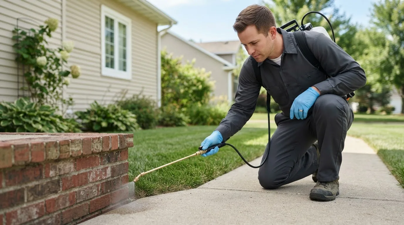 Pest control technician treating a home near Beaver, AK